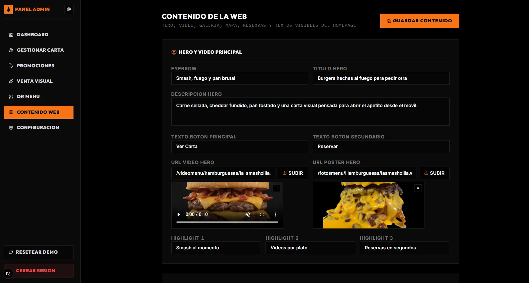 Edición del contenido de la landing desde el panel administrativo